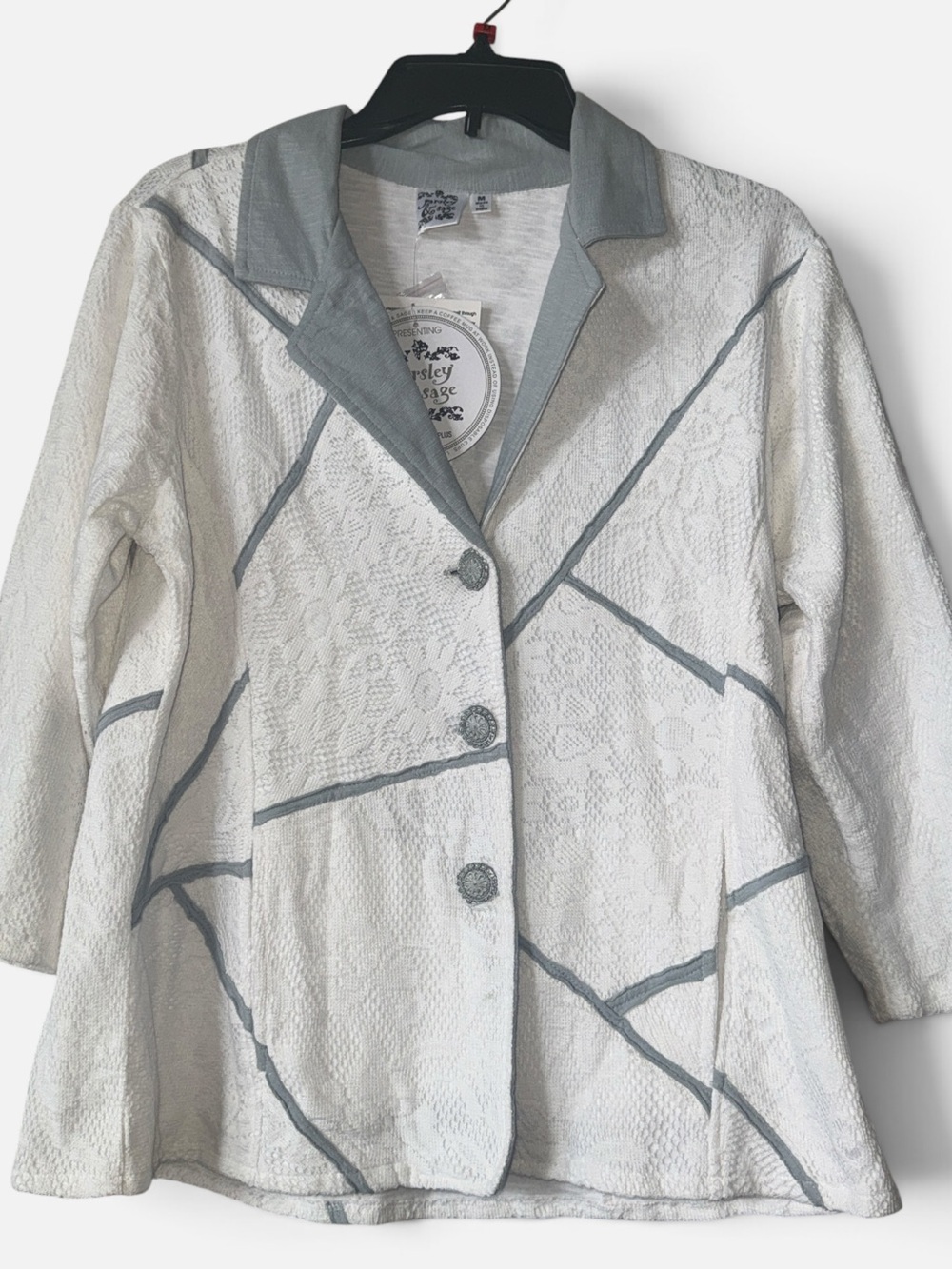 Parsley & Sage by Xcessories Plus White Lace Blazer with Light Gray Trim!